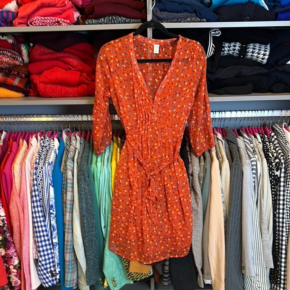 Old Navy orange/blue/cream print 2 front button 3/4 elastic sleeve dress size S